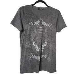 Sabrina Barnett T-shirt Womens Gray Burnout Moto Y2K Bejeweled Wings Graphic Tee